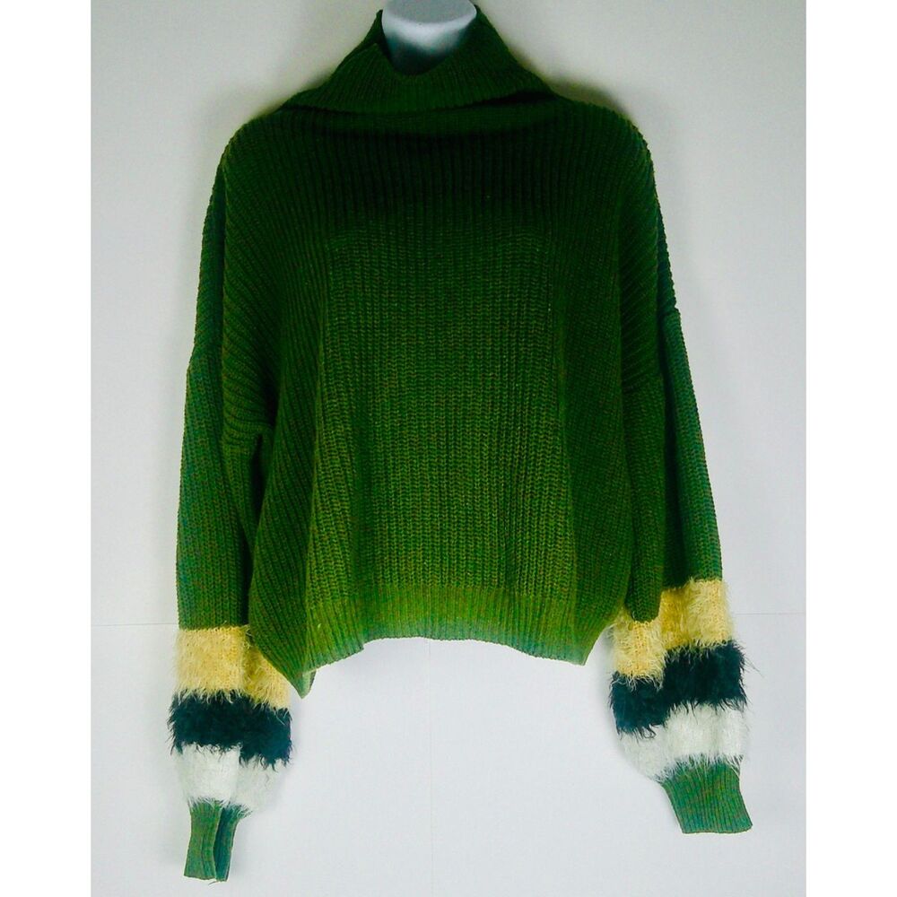 SHEIN WOMENS DARK GREEN COW NECK LONG SLEEVE FAUX FUR CUFF KNIT SWEATER. SIZE L